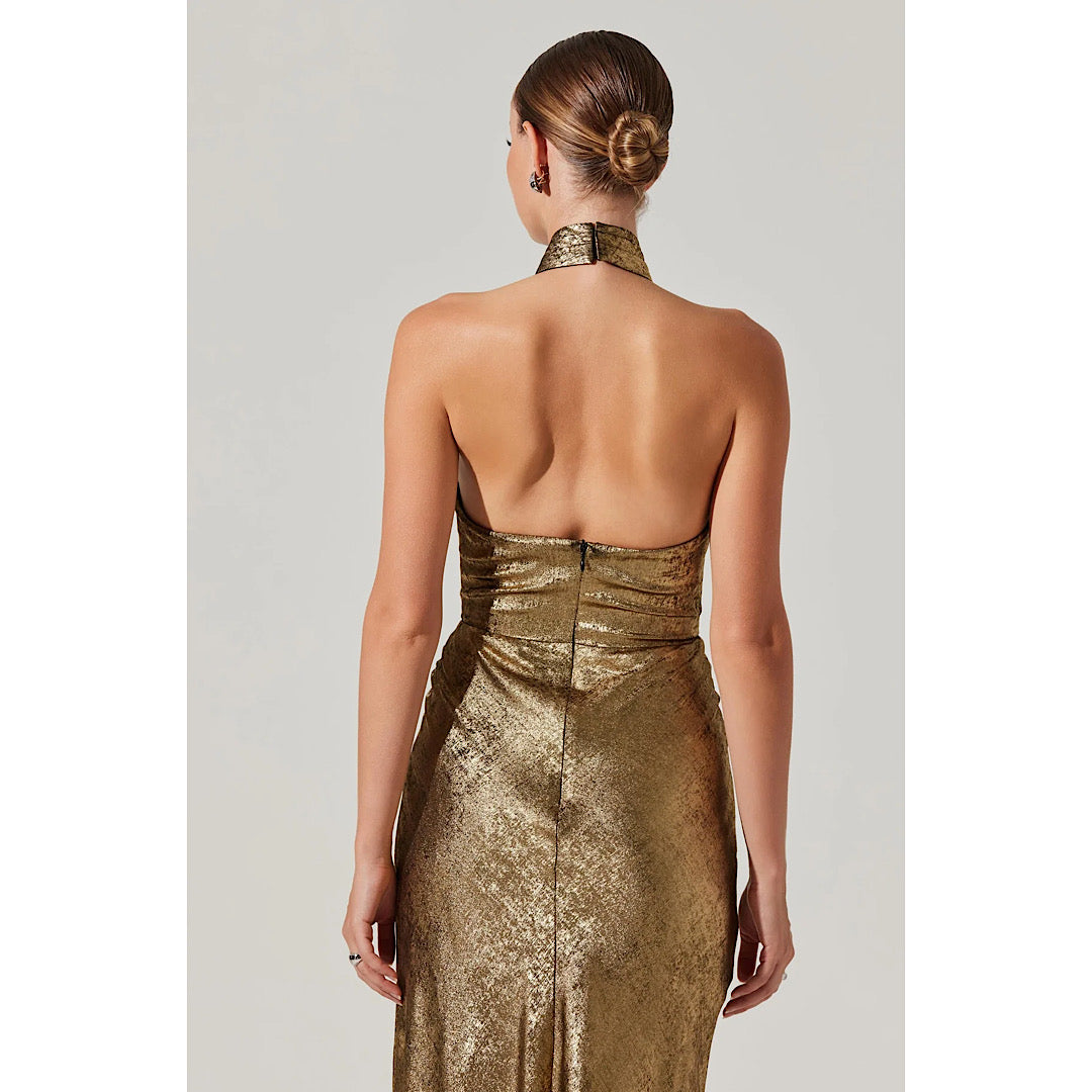 ASTR THE LABEL MARISSA HALTER NECK MIDI DRESS - GOLD