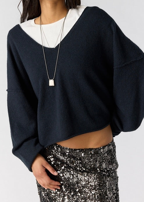 FREE PEOPLE SEE ME V-NECK KNIT PULLOVER - BLACK