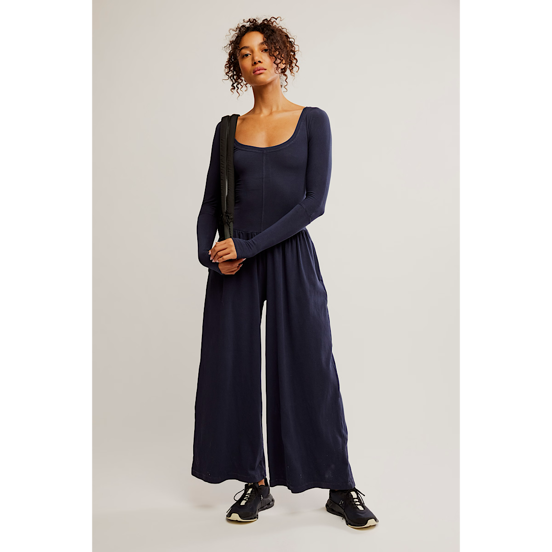 FREE PEOPLE MOVEMENT HOT SHOT  WIDE LEG ONESIE - MIDNIGHT NAVY