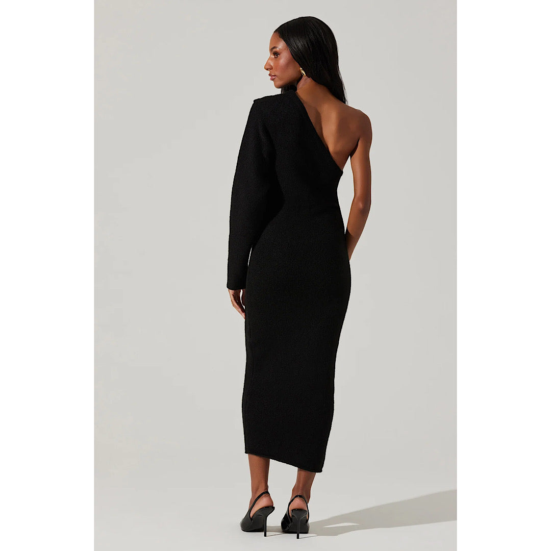 ASTR THE LABEL FINOLA ONE SHOULDER SWEATER DRESS - BLACK