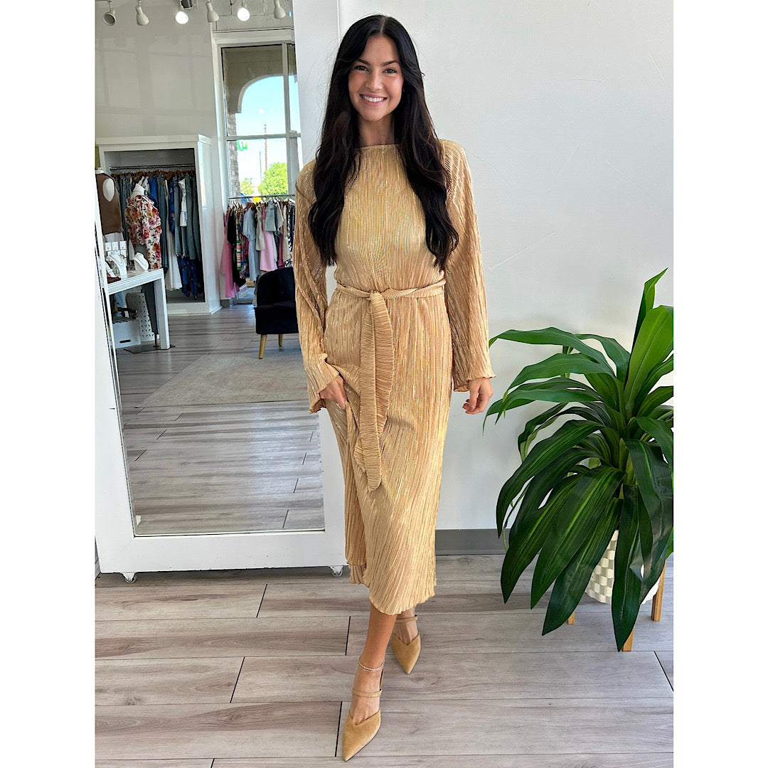 SHOW ME YOUR MUMU SARAH MIDI DRESS - GOLD PLEAT