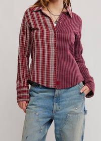 FREE PEOPLE BENNY SLIM PLAID BUTTON DOWN TOP