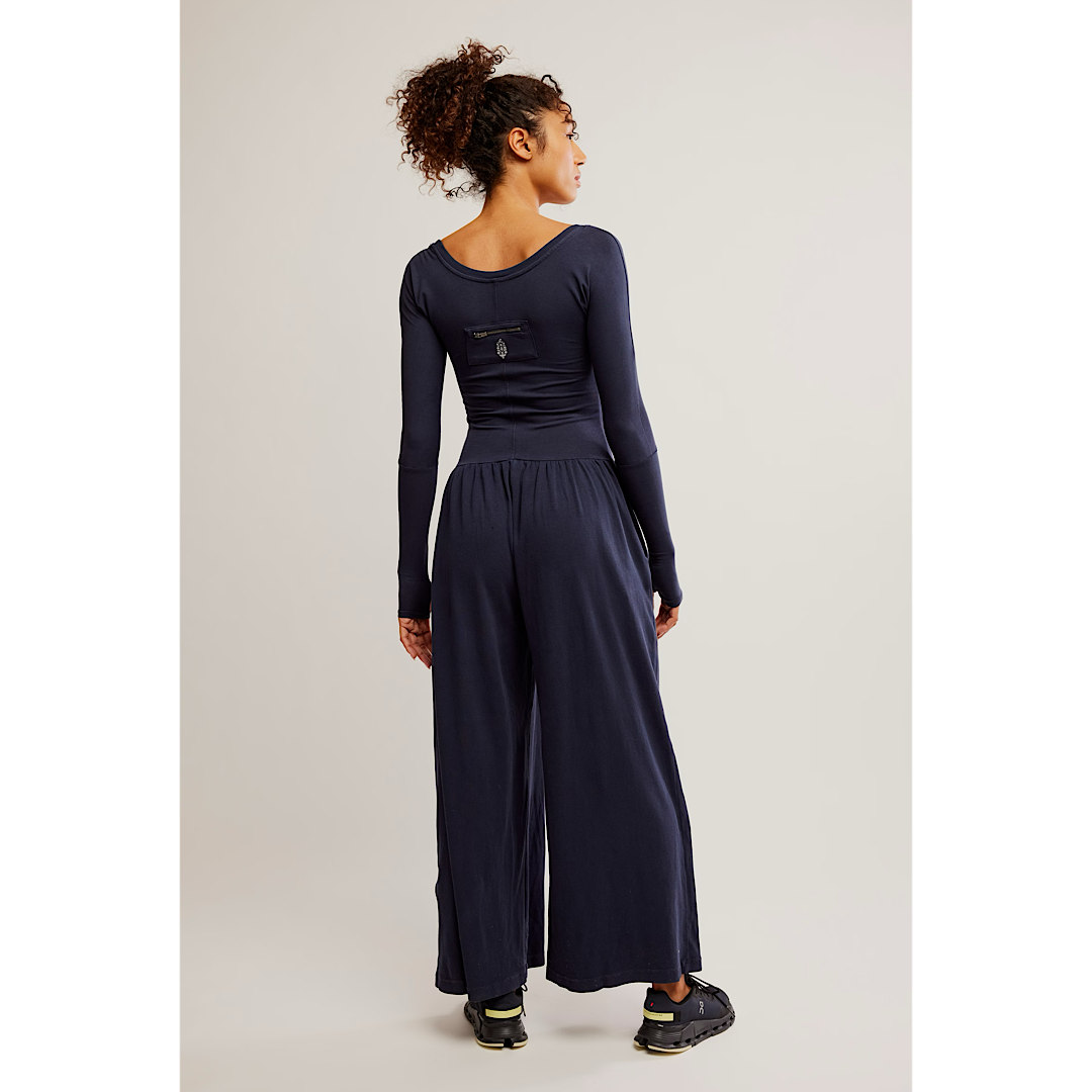 FREE PEOPLE MOVEMENT HOT SHOT  WIDE LEG ONESIE - MIDNIGHT NAVY