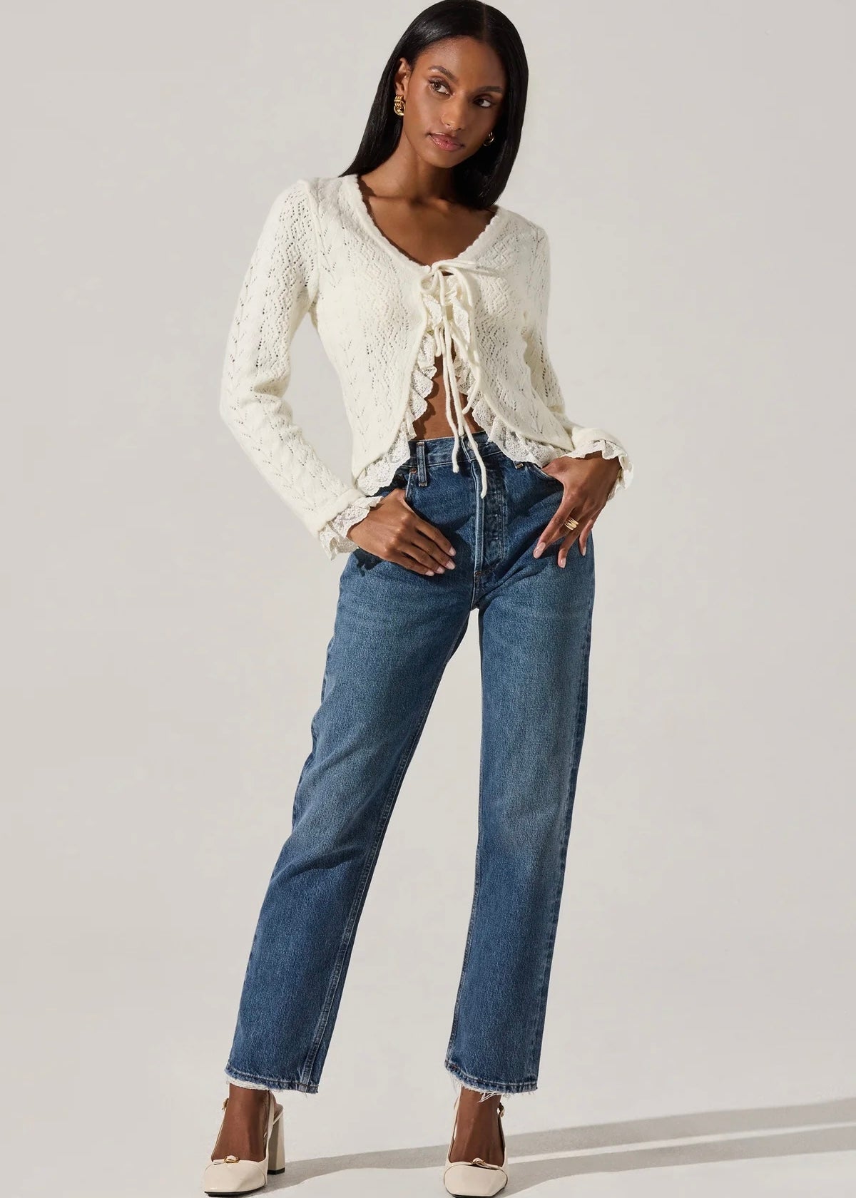 ASTR THE LABEL LACEY POINTELLE TIE-FRONT CARDIGAN - CREAM