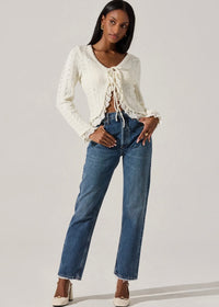 ASTR THE LABEL LACEY POINTELLE TIE-FRONT CARDIGAN - CREAM