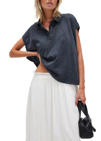 FREE PEOPLE KEEP ON POLO TOP - WASHED BLACK