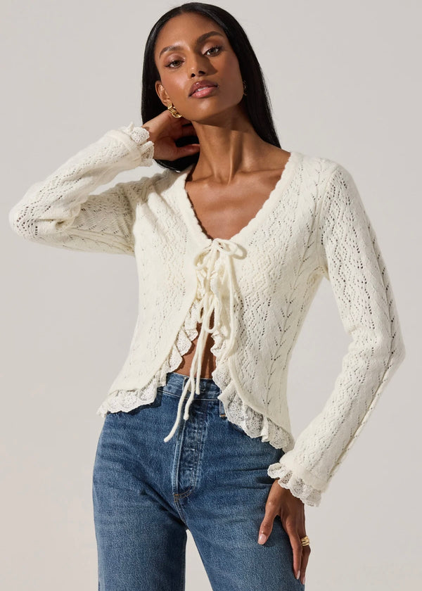 ASTR THE LABEL LACEY POINTELLE TIE-FRONT CARDIGAN - CREAM