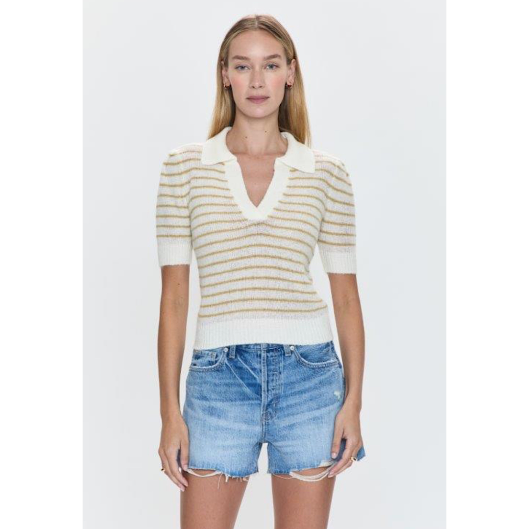 PISTOLA BILLIE PLEAT SLEEVE POLO TOP - PISTACHIO SHELL STRIPE