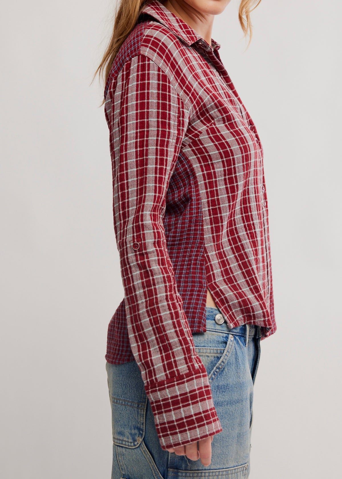 FREE PEOPLE BENNY SLIM PLAID BUTTON DOWN TOP