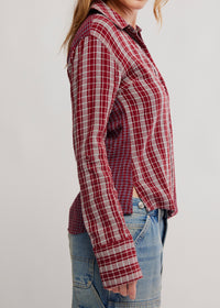 FREE PEOPLE BENNY SLIM PLAID BUTTON DOWN TOP
