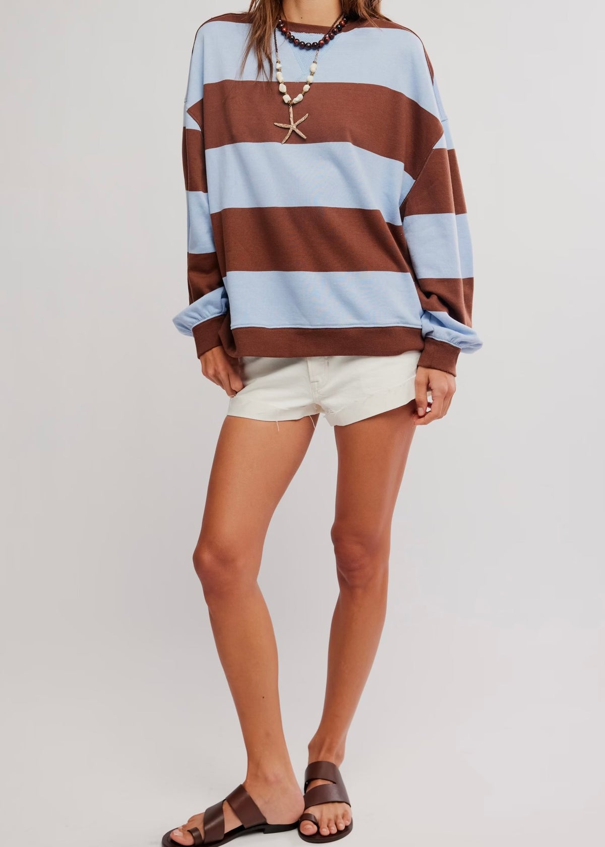 FREE PEOPLE CLASSIC STRIPED OVERSIZED CREWNECK - PERIWINKLE COMBO