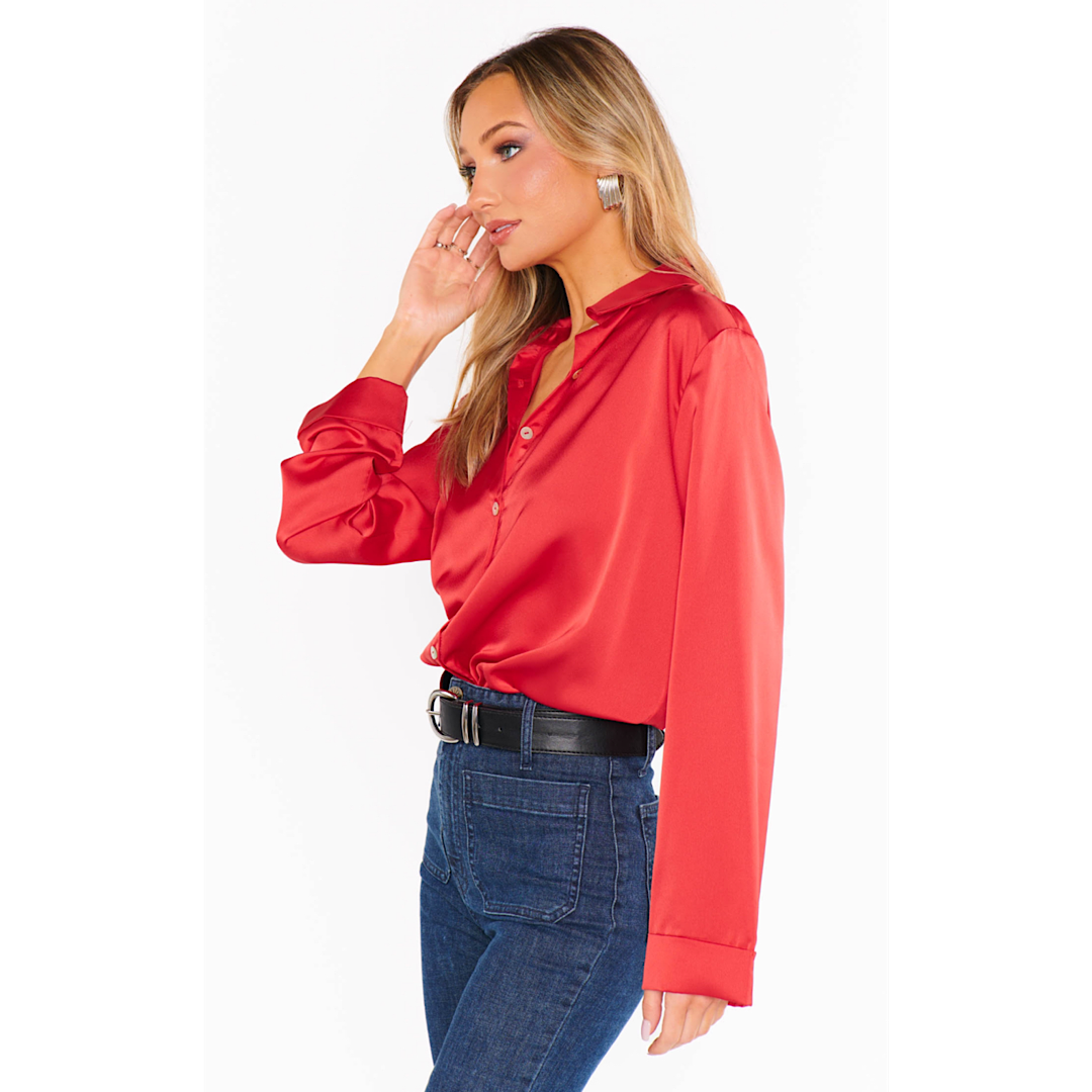 SHOW ME YOUR MUMU SMITH BUTTON DOWN - RED LUXE SATIN