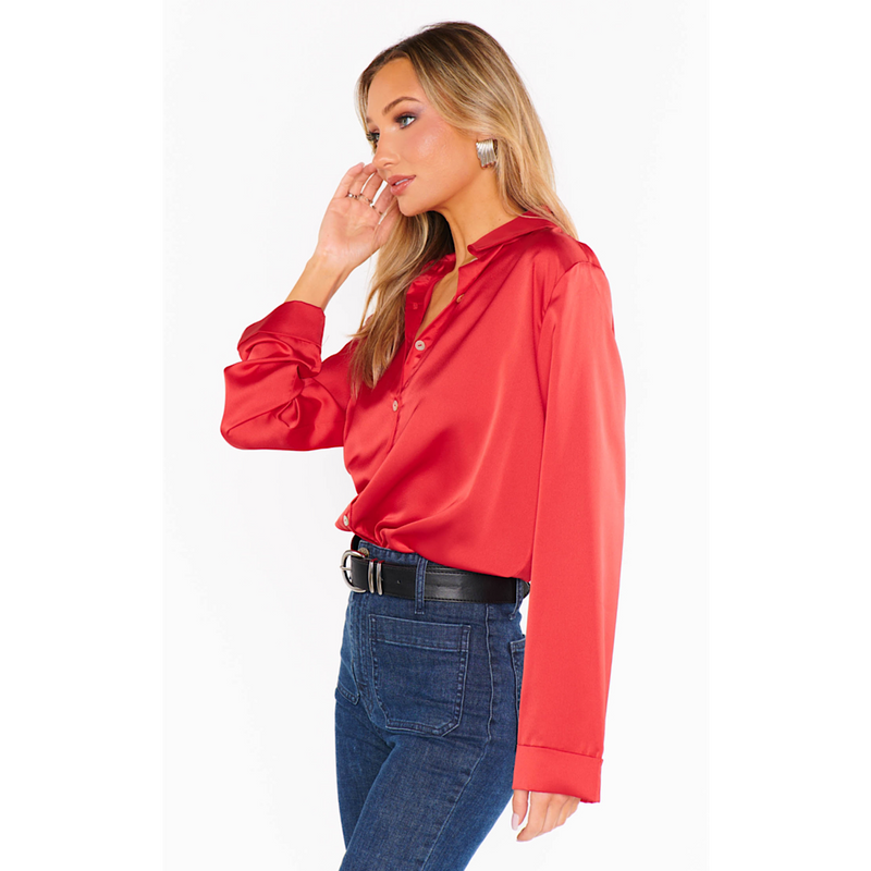 SHOW ME YOUR MUMU SMITH BUTTON DOWN - RED LUXE SATIN