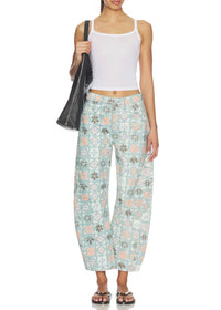 FREE PEOPLE GOOD LUCK PRINTED BARREL JEANS - JADE COMBO - DITSY BLOCK