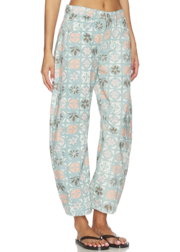 FREE PEOPLE GOOD LUCK PRINTED BARREL JEANS - JADE COMBO - DITSY BLOCK