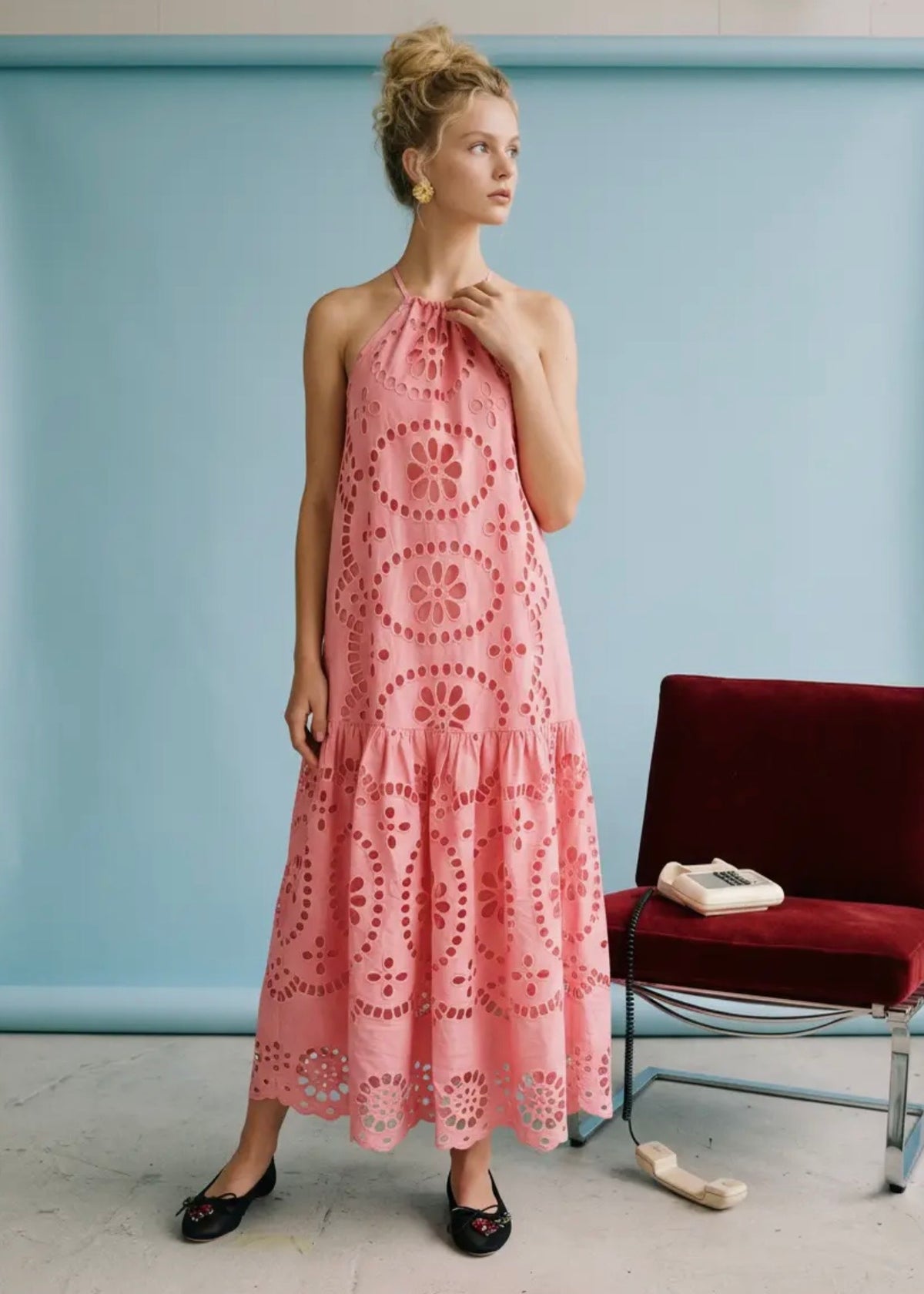 BUTTERFLY SEASON EYELET MIDI DRESS