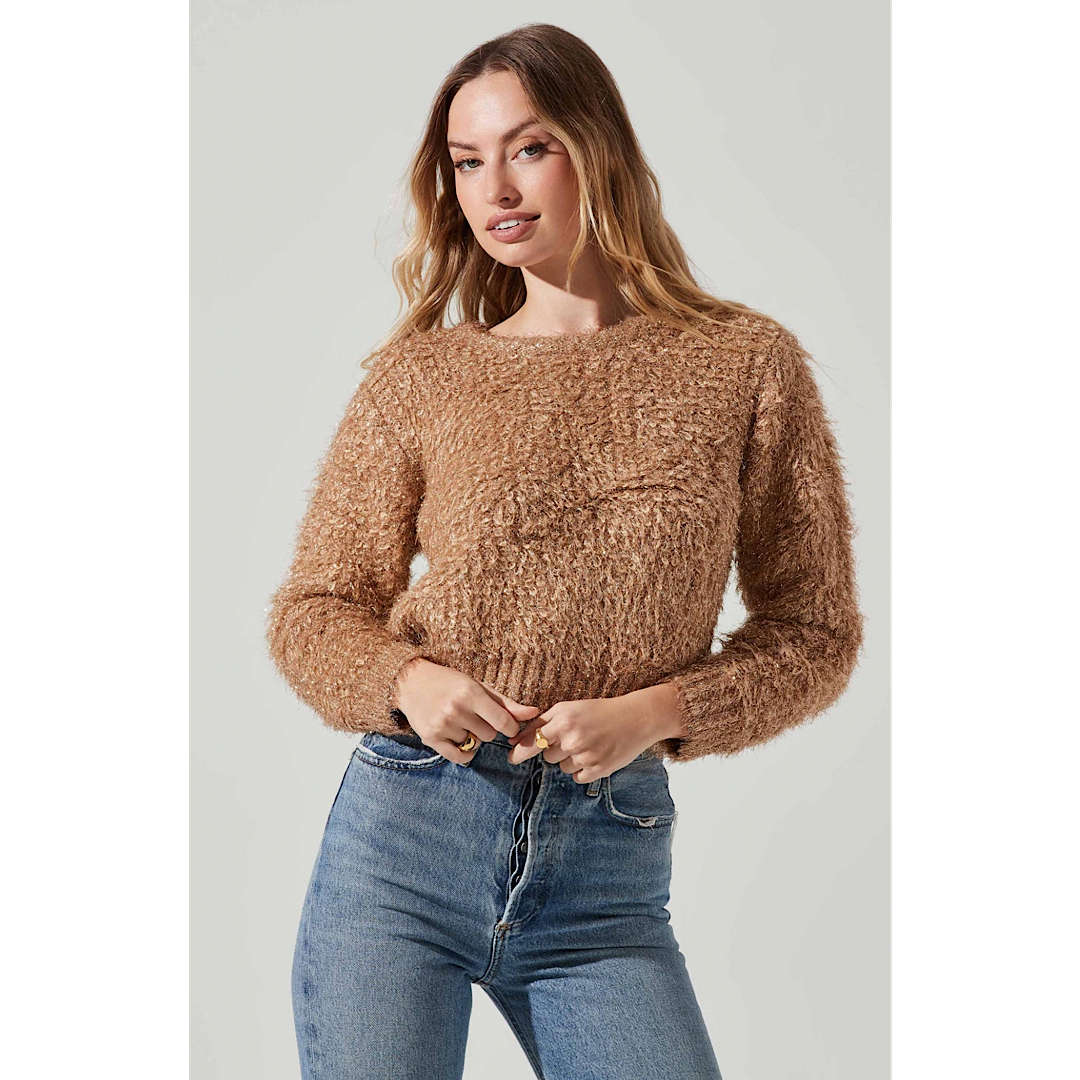 ASTR THE LABEL ALMA METALLIC KNIT SWEATER - TAUPE GOLD
