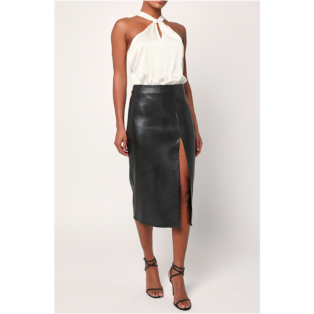 LULUS IRRESISTIBLY BLACK LEATHER MIDI SKIRT