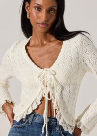 ASTR THE LABEL LACEY POINTELLE TIE-FRONT CARDIGAN - CREAM
