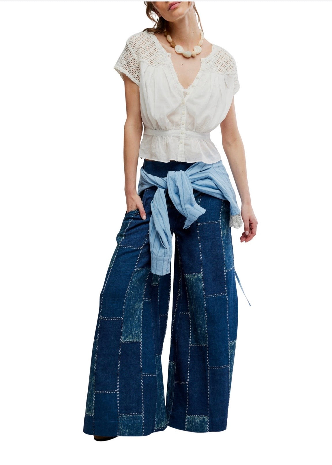 FREE PEOPLE GEMMA EMBROIDERED TOP - CLEAN IVORY