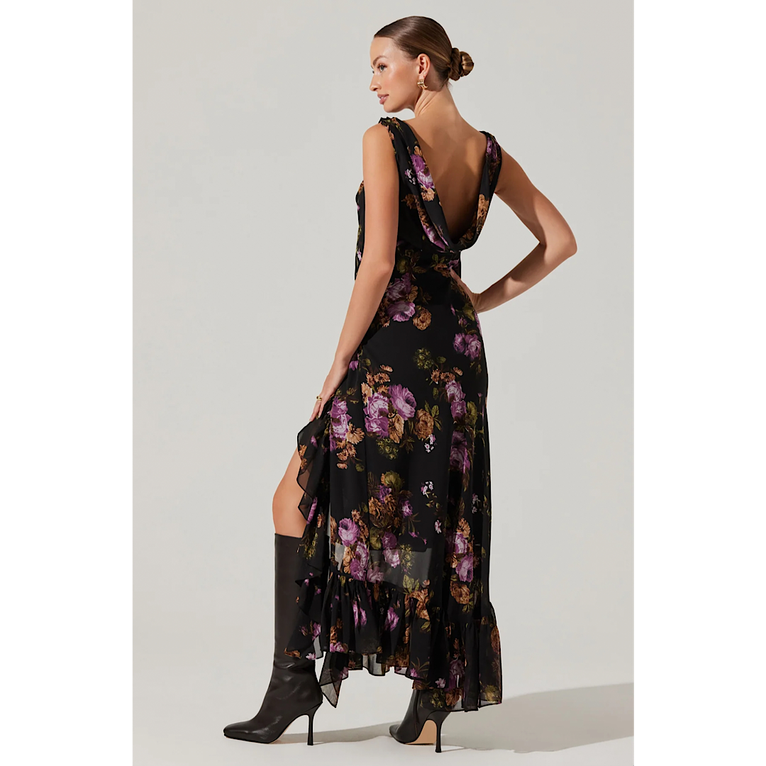 ASTR THE LABEL CECILIA DRESS - BLACK PURPLE FLORAL