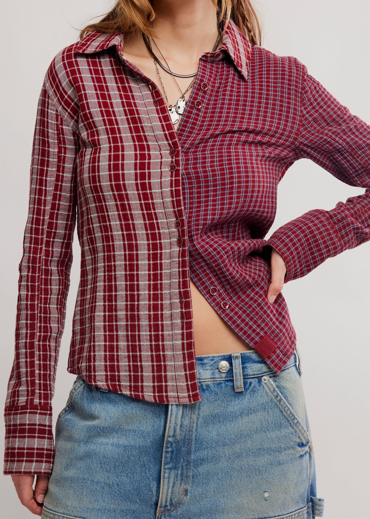 FREE PEOPLE BENNY SLIM PLAID BUTTON DOWN TOP
