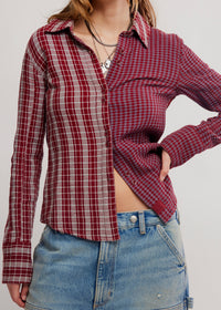 FREE PEOPLE BENNY SLIM PLAID BUTTON DOWN TOP