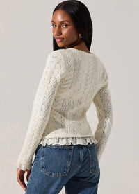 ASTR THE LABEL LACEY POINTELLE TIE-FRONT CARDIGAN - CREAM
