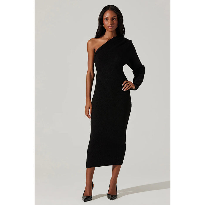 ASTR THE LABEL FINOLA ONE SHOULDER SWEATER DRESS - BLACK