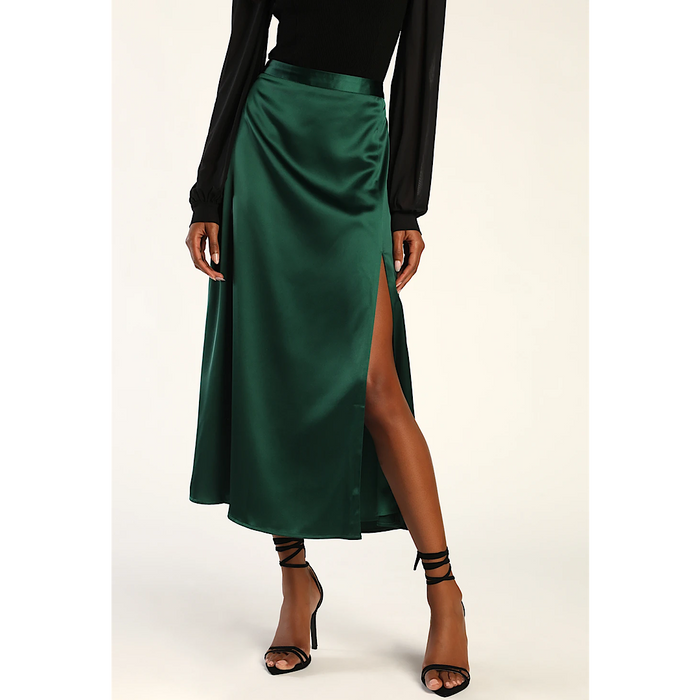 LULUS ELEGANT BLOSSOMS EMERALD GREEN SATIN MIDI SKIRT