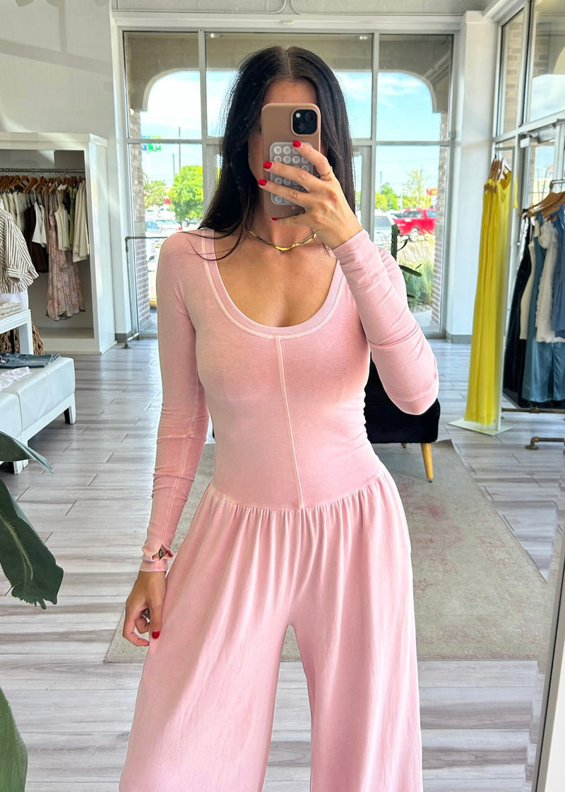 FREE PEOPLE MOVEMENT HOT SHOT WIDE LEG ONESIE - ROSE WATER
