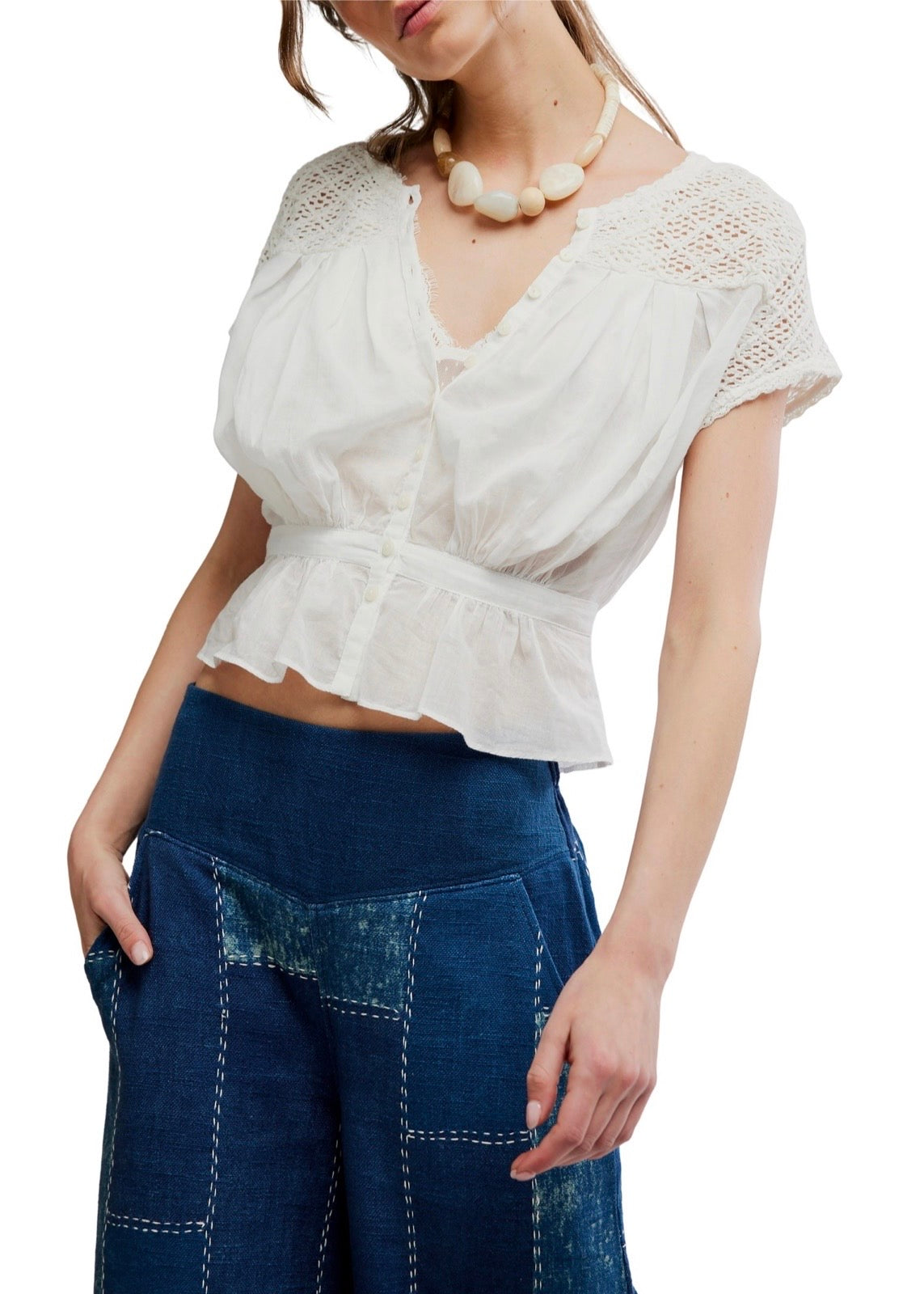 FREE PEOPLE GEMMA EMBROIDERED TOP - CLEAN IVORY