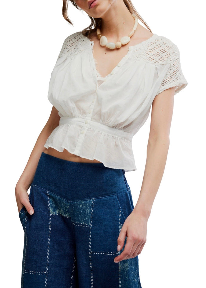 FREE PEOPLE GEMMA EMBROIDERED TOP - CLEAN IVORY