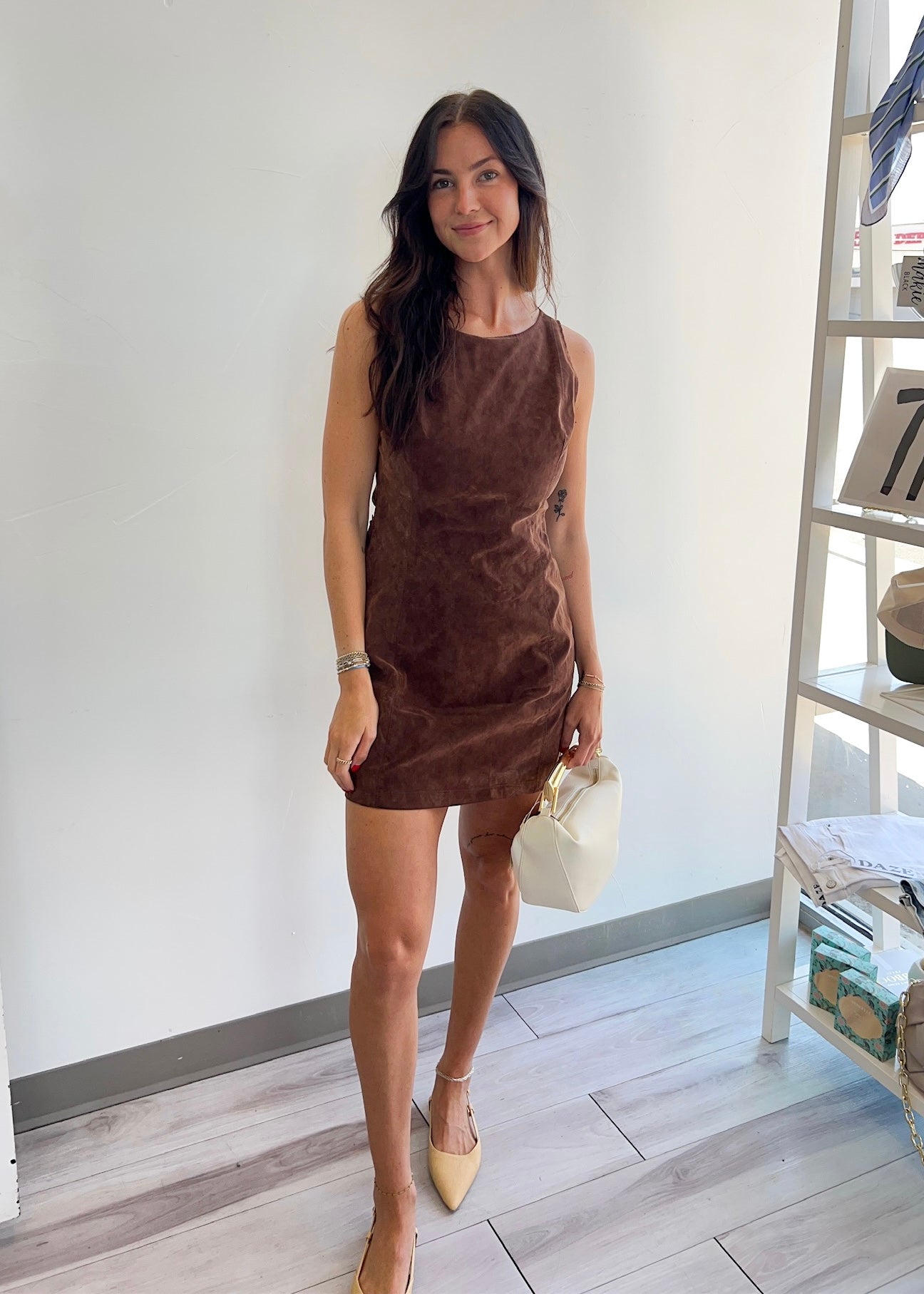 andmary Donna gather mini dress　brown　Ꮇ CLM2255_CHSUMINDRESS_CHOC1_nc_