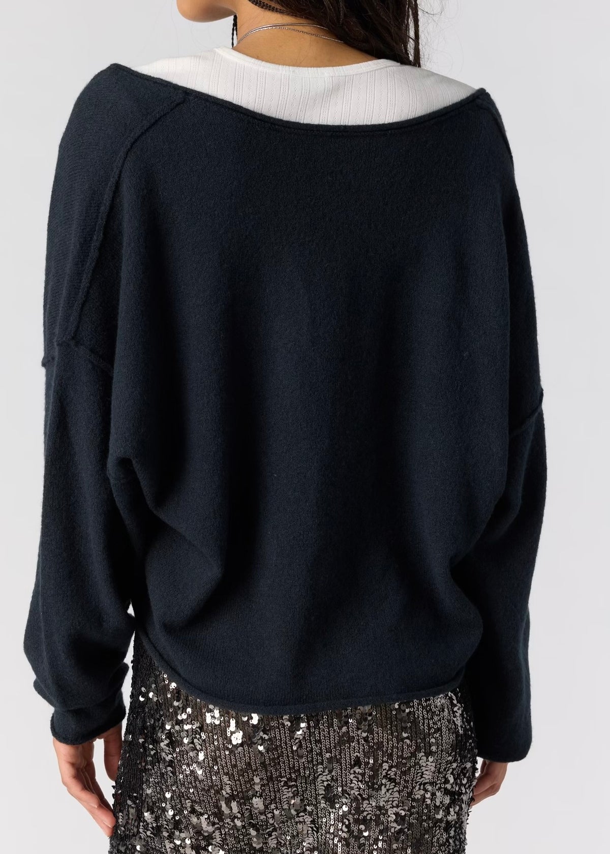 FREE PEOPLE SEE ME V-NECK KNIT PULLOVER - BLACK