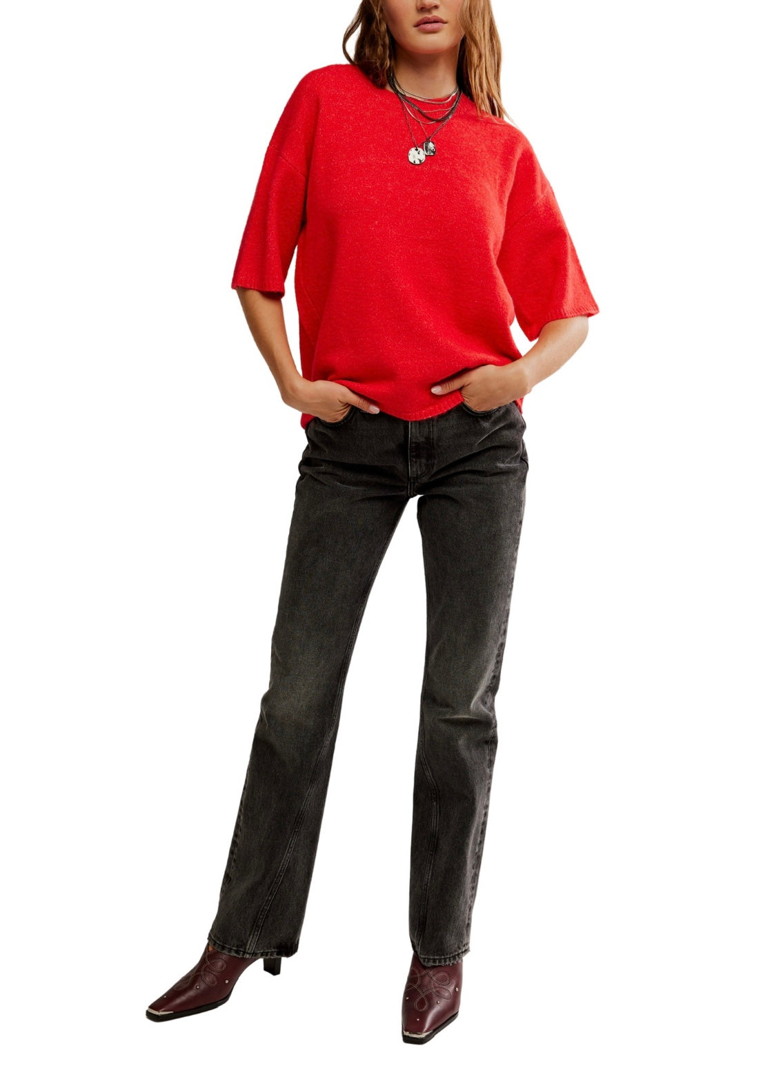 FREE PEOPLE MARGOT SWEATER TEE - CHERRY POP