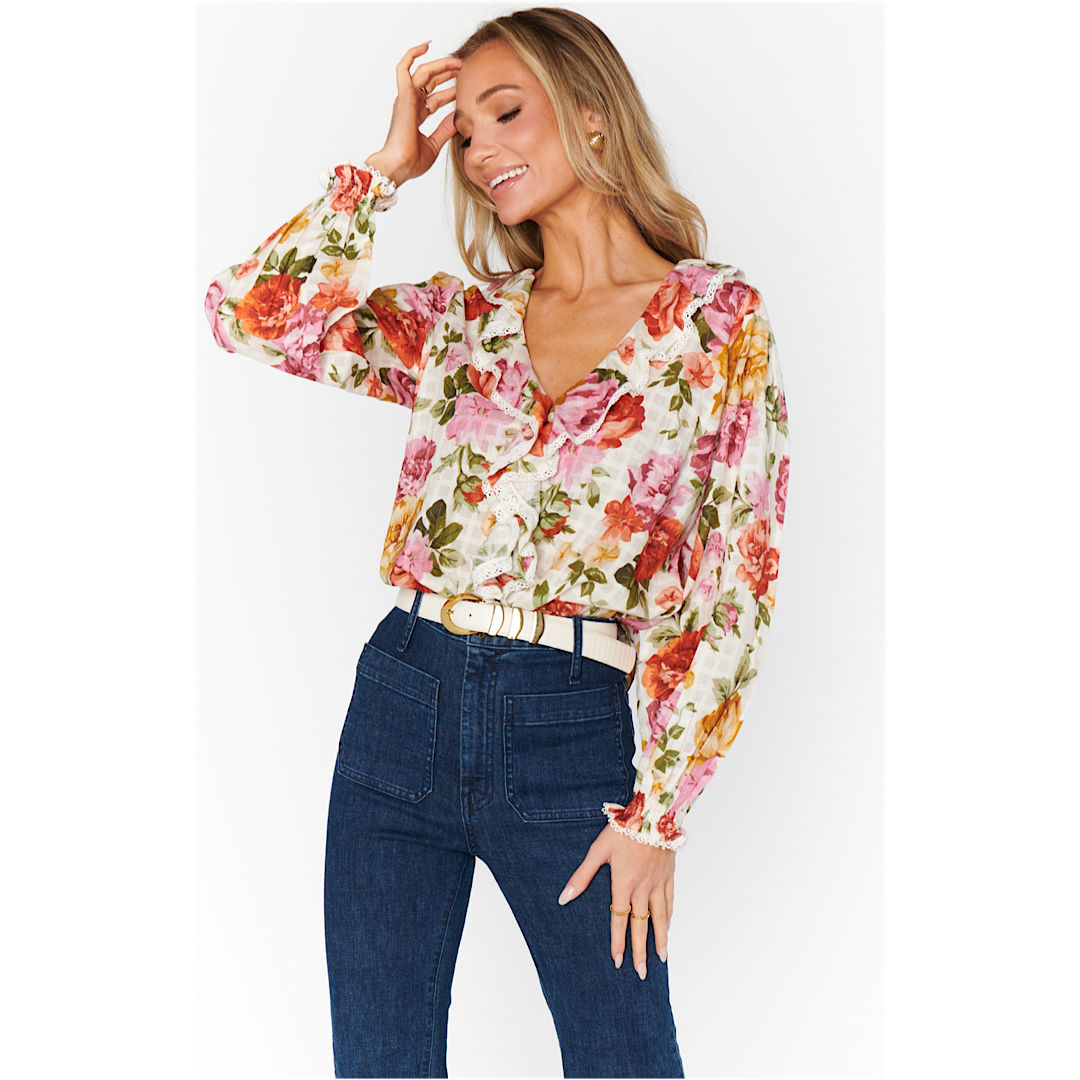 SHOW ME YOUR MUMU LYDIA RUFFLE TOP - IVORY HILLSIDE FLORAL