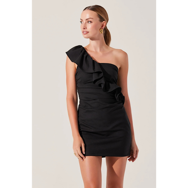 ASTR THE LABEL CAMILLA RUFFLE ONE SHOULDER DRESS - BLACK