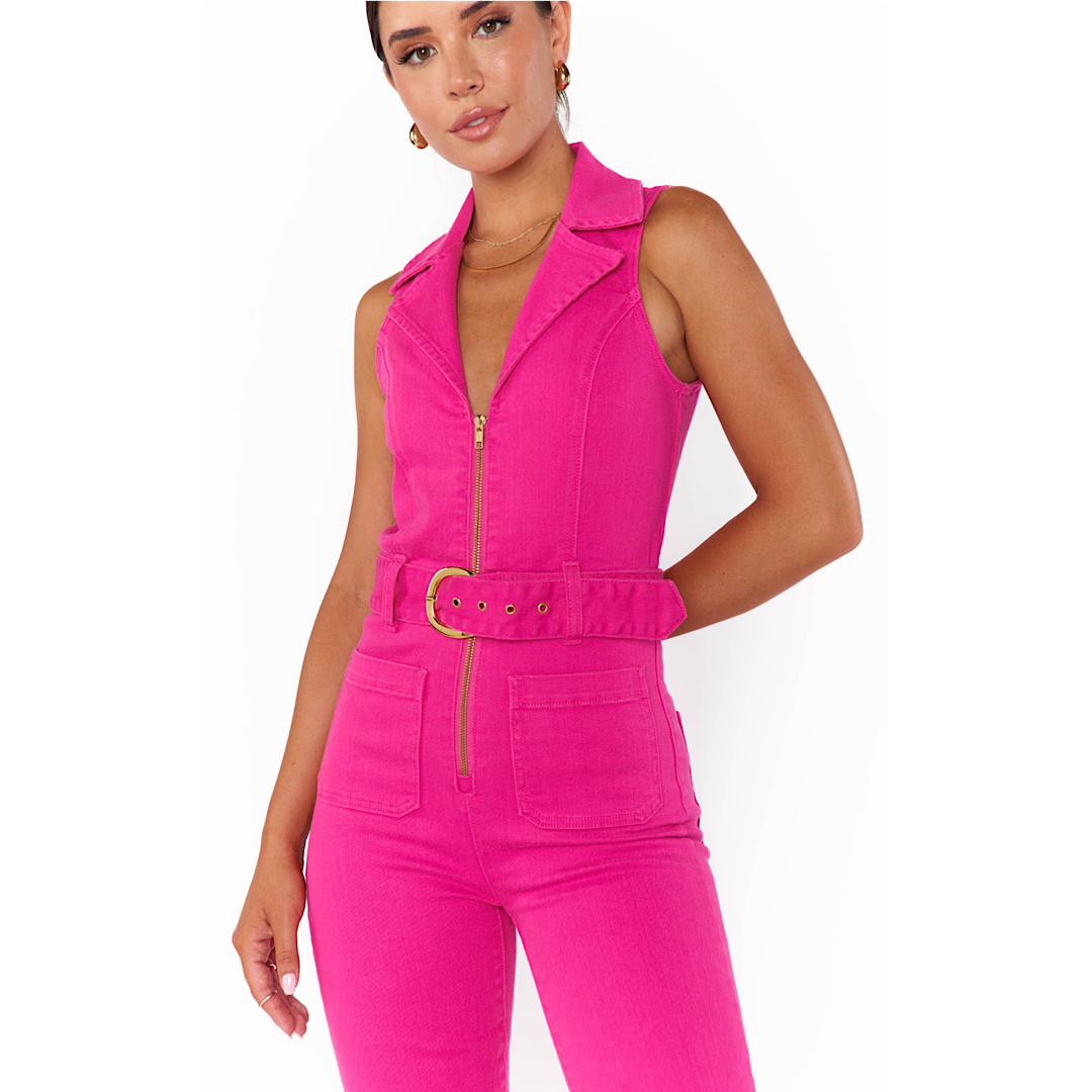 SHOW ME YOUR MUMU JACKSONVILLE CROPPED JUMPSUIT - HOT PINK DENIM