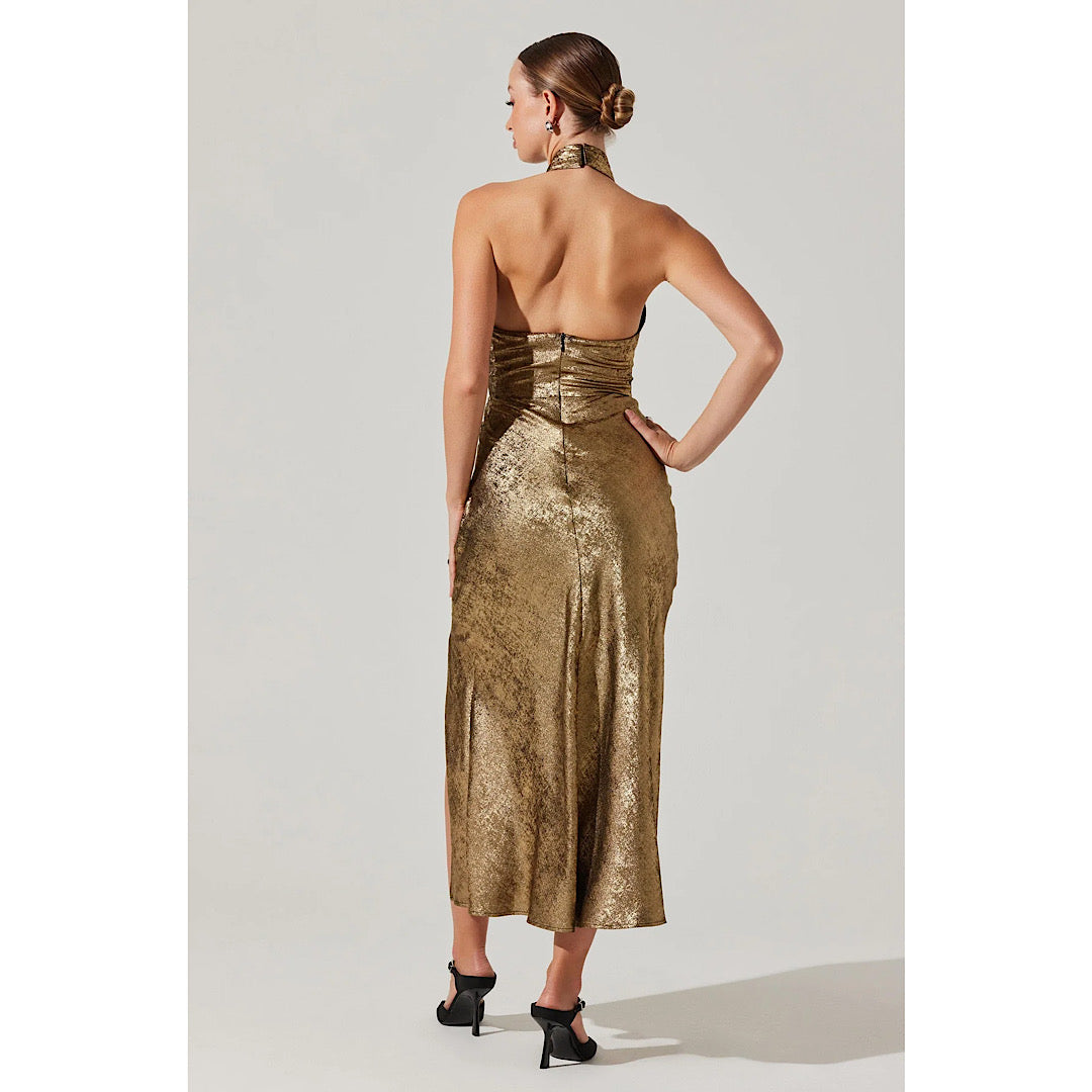 ASTR THE LABEL MARISSA HALTER NECK MIDI DRESS - GOLD