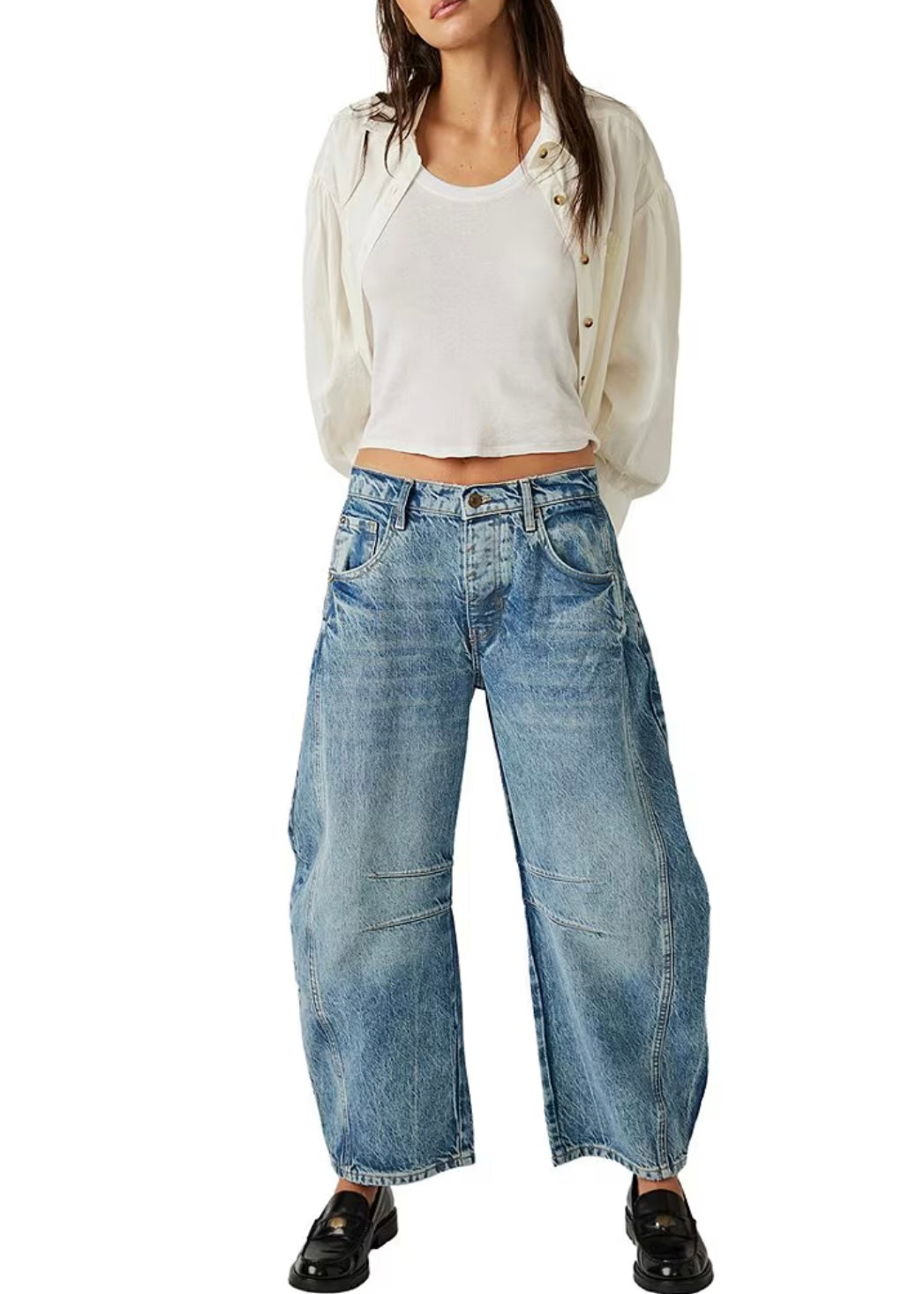 FREE PEOPLE GOOD LUCK MID-RISE WIDE LEG BARREL JEANS - ULTRA LIGHT BEAM