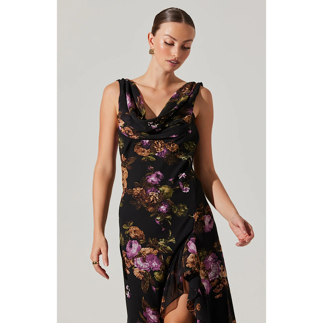 ASTR THE LABEL CECILIA DRESS - BLACK PURPLE FLORAL