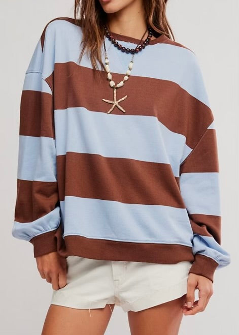 FREE PEOPLE CLASSIC STRIPED OVERSIZED CREWNECK - PERIWINKLE COMBO
