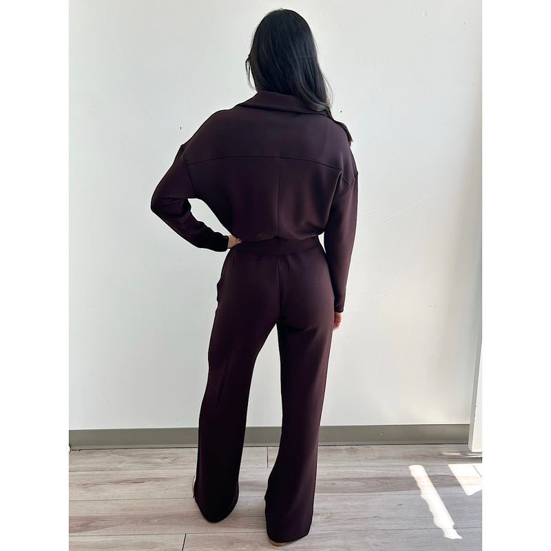 SPANX AIRESSENTIALS LONG SLEEVE WIDE LEG JUMPSUIT - TRUFFLE BROWN