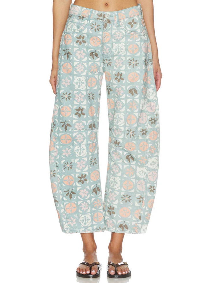 FREE PEOPLE GOOD LUCK PRINTED BARREL JEANS - JADE COMBO - DITSY BLOCK