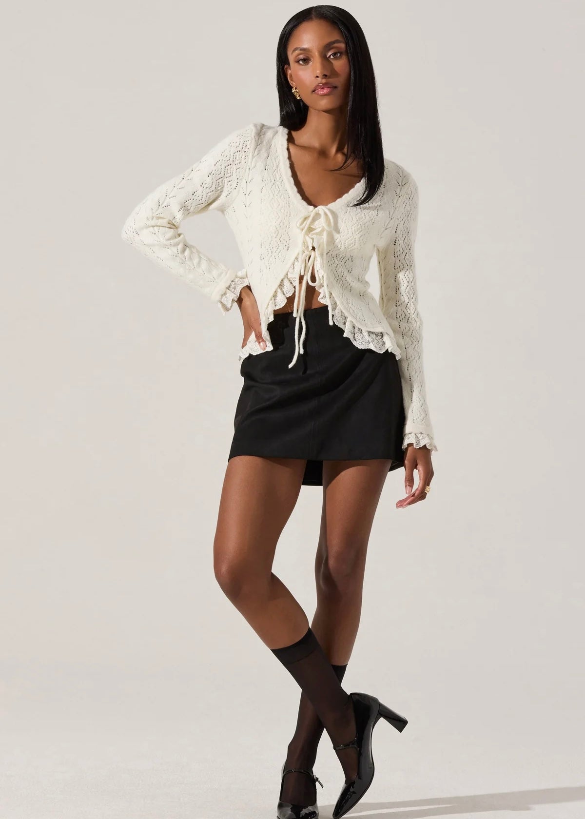ASTR THE LABEL LACEY POINTELLE TIE-FRONT CARDIGAN - CREAM