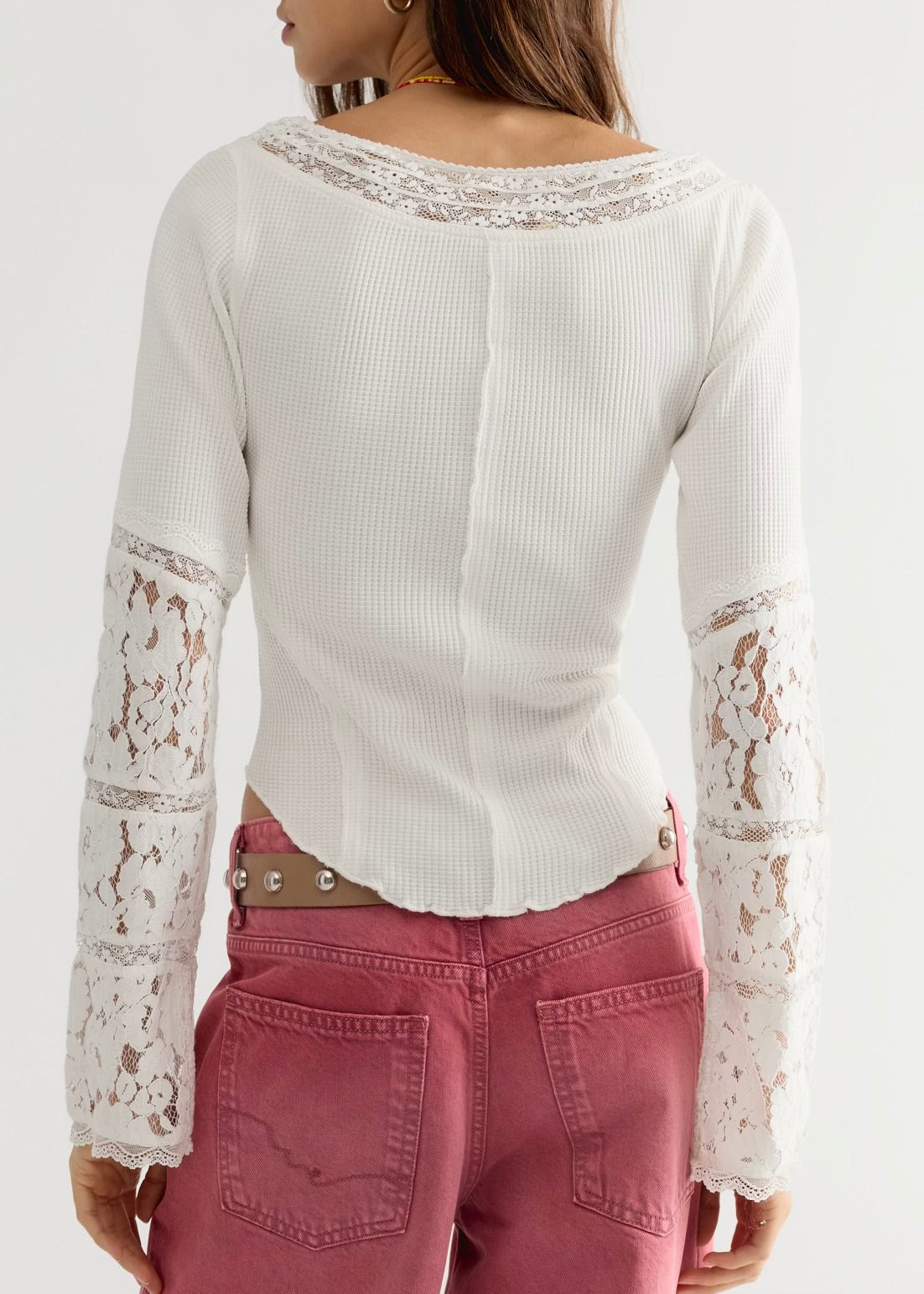 FREE PEOPLE AMBER LACE CUFF LONG SLEEVE TOP - WHITE ALYSSUM