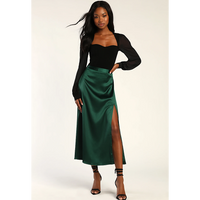 LULUS ELEGANT BLOSSOMS EMERALD GREEN SATIN MIDI SKIRT