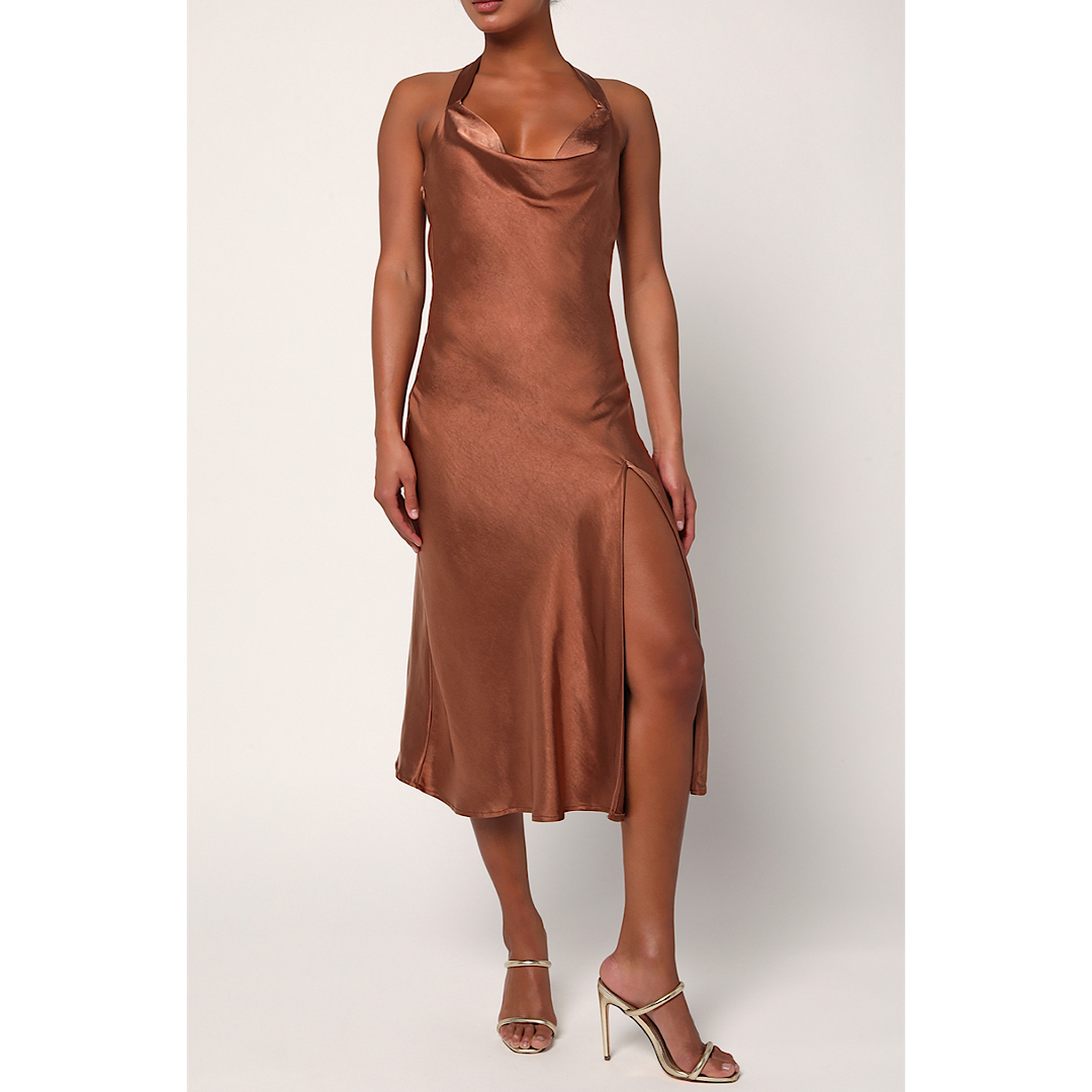 LULUS SOPHISTICATED IMPRESSION SATIN MIDI DRESS - BROWN