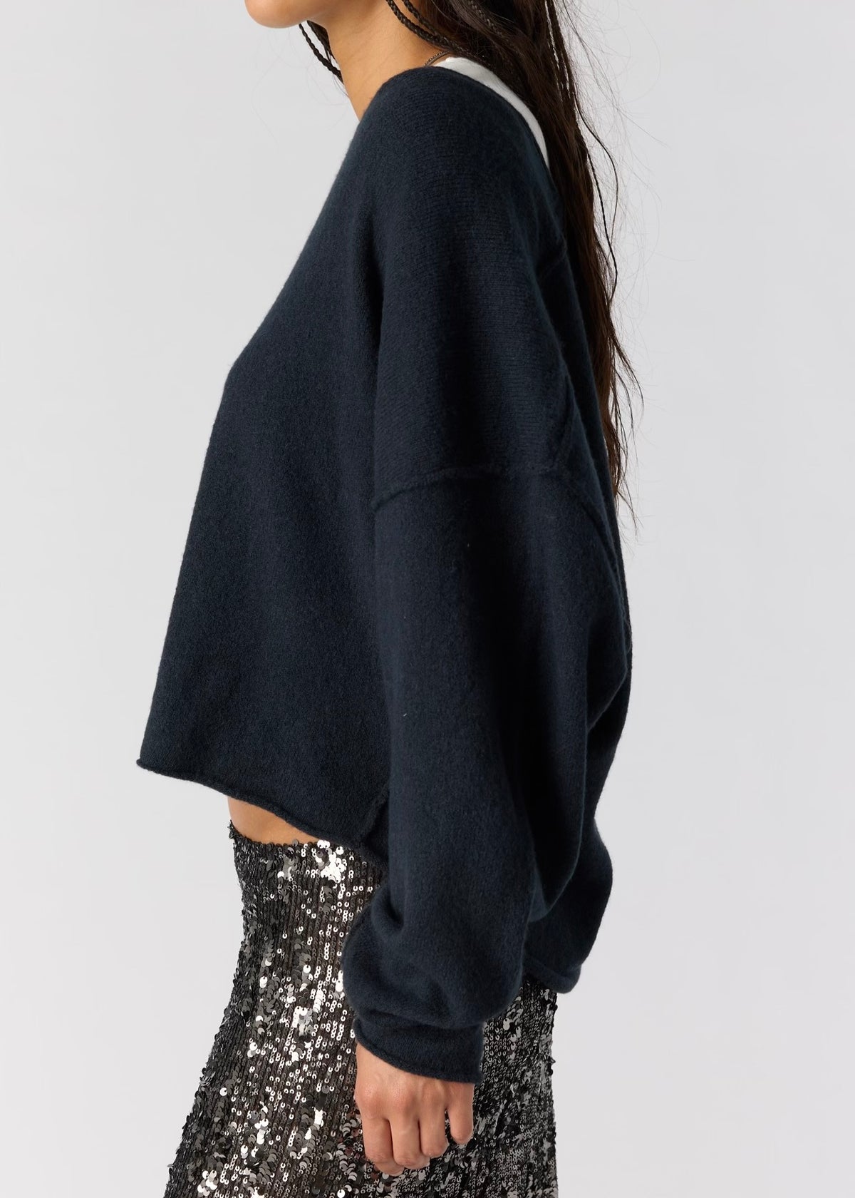 FREE PEOPLE SEE ME V-NECK KNIT PULLOVER - BLACK